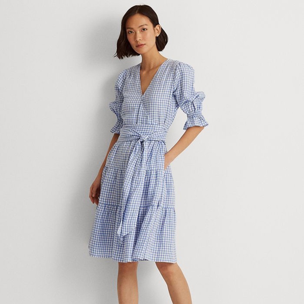 NWT Lauren Ralph Lauren Gingham Fit-and-Flare Linen Dress, Light blue